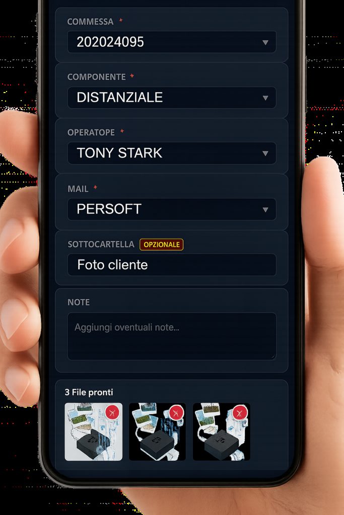 Foto Flow sul telefono: modulo di caricamento con commessa, componente, operatore, destinatari della mail, sottocartella, note e tre foto pronte da inviare