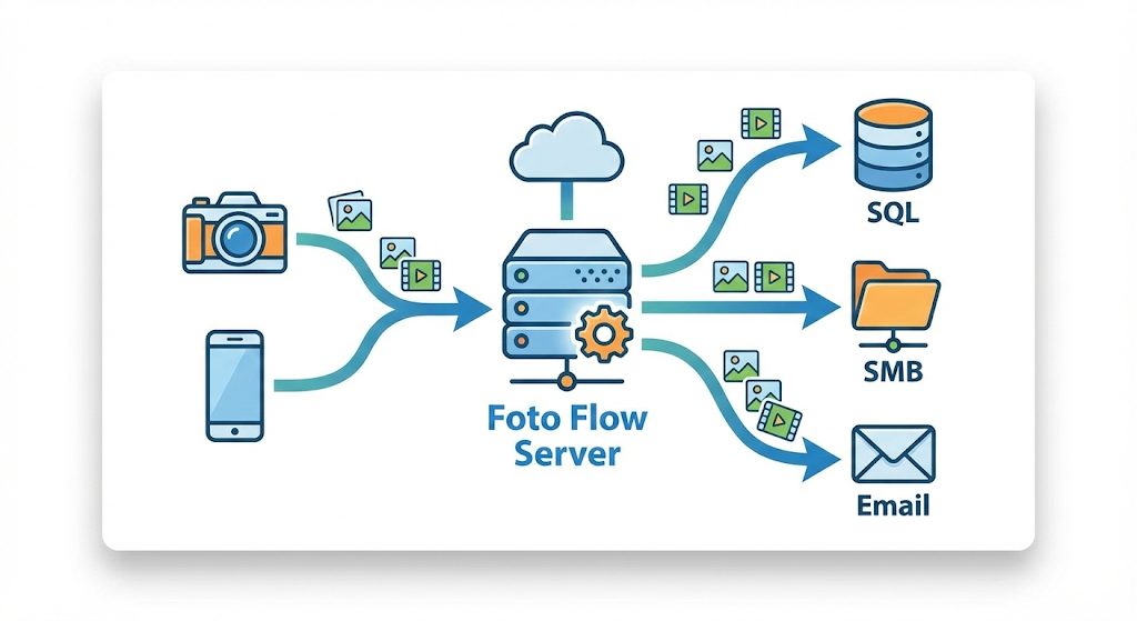 Schema di Foto Flow: foto e video dalla fotocamera e dal telefono arrivano al server Foto Flow, che li registra nel database SQL, li salva nelle cartelle di rete SMB e li segnala via email