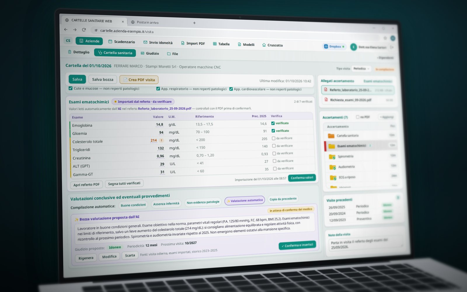 Medicina del lavoro, versione web: cartella sanitaria con esami importati dal referto e bozza di valutazione per il medico