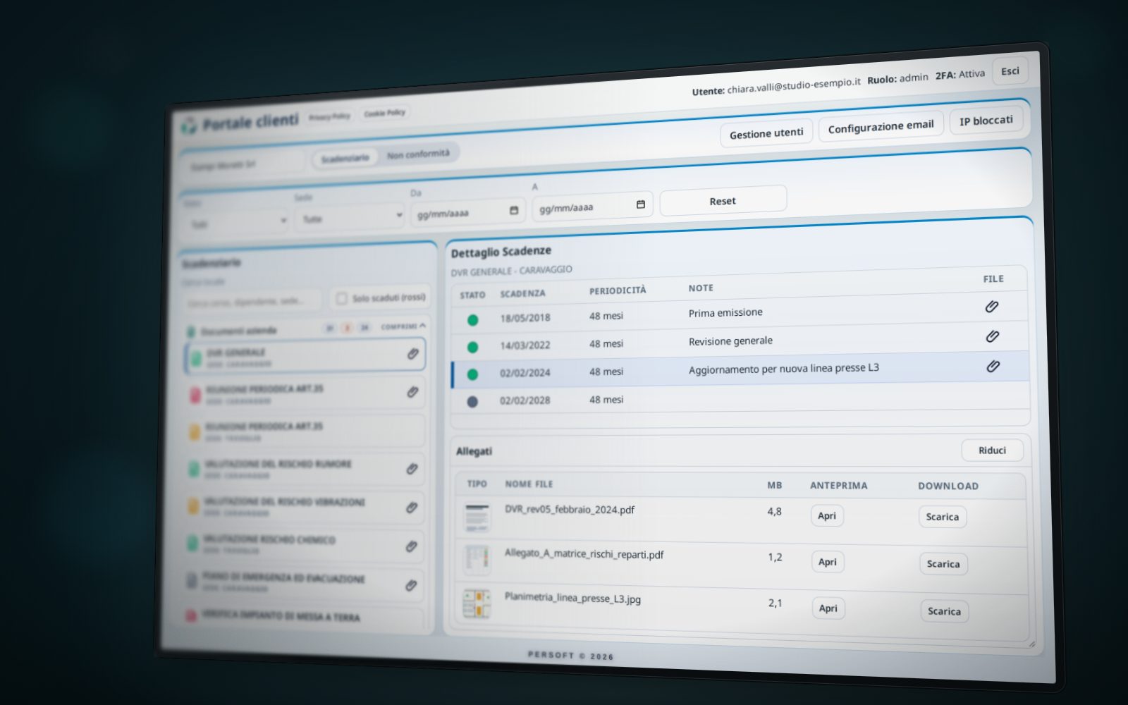 Portale clienti: scadenzario dei documenti aziendali con dettaglio delle scadenze e allegati