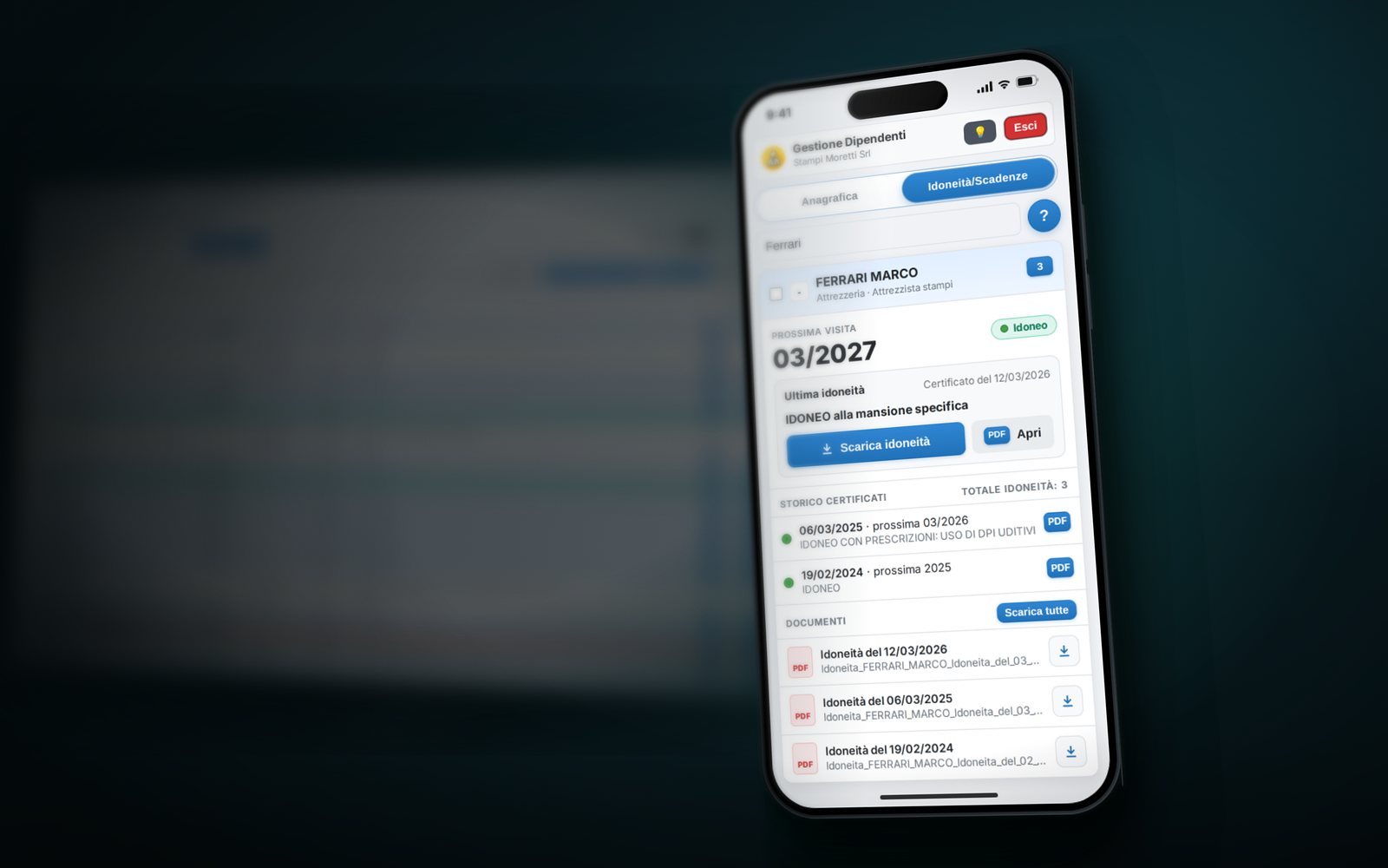 Portale dipendenti sul telefono: prossima visita e certificato di idoneità da scaricare