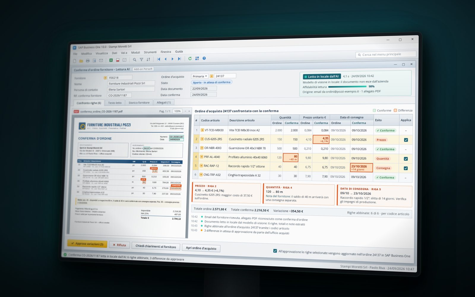 SAP Business One: conferma d’ordine del fornitore letta in locale dall’AI e confrontata con l’ordine d’acquisto