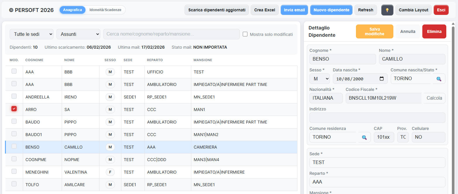 Portale aziende con anagrafiche dipendenti e pannello di dettaglio