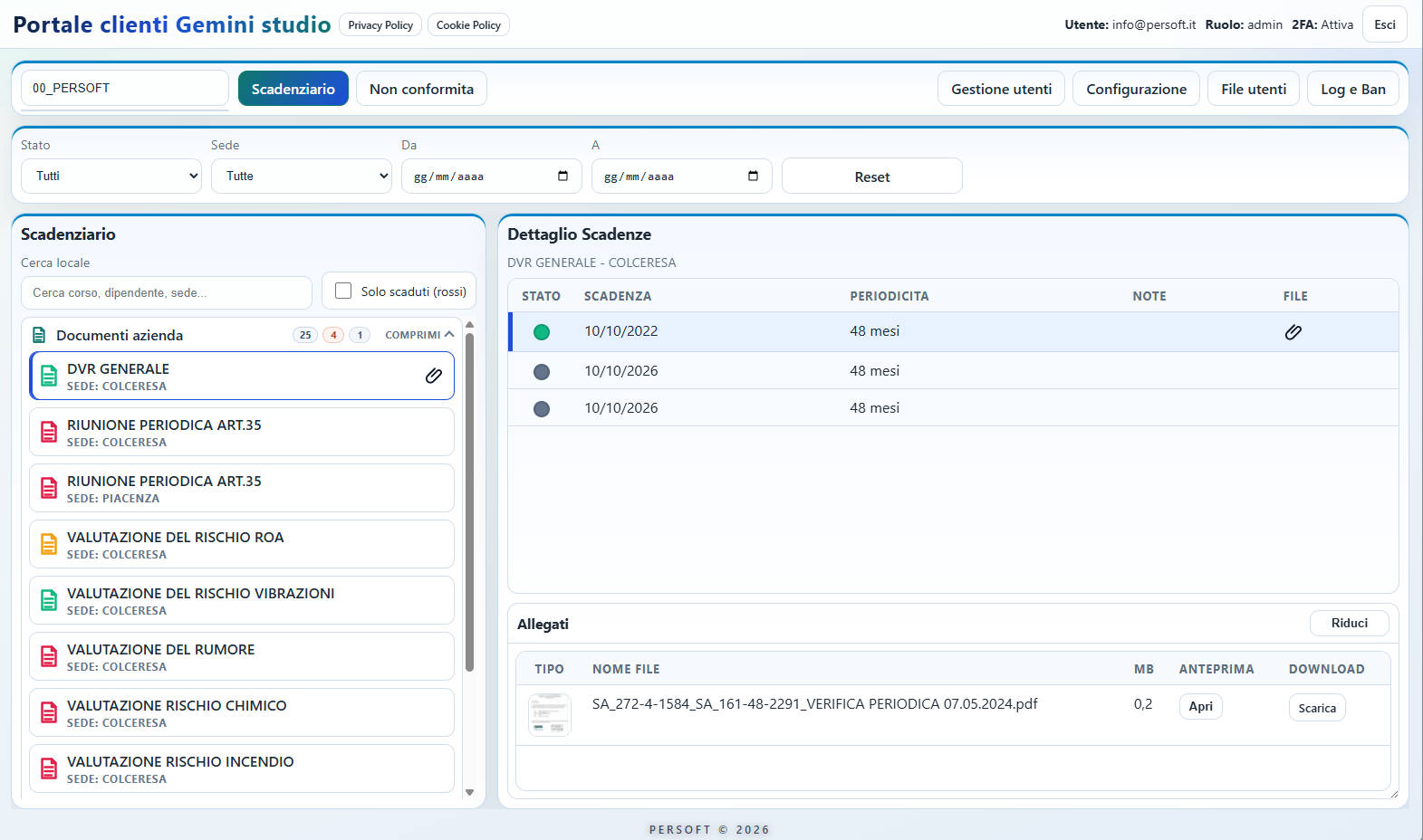 Portale clienti con scadenzario documentale e dettaglio scadenze